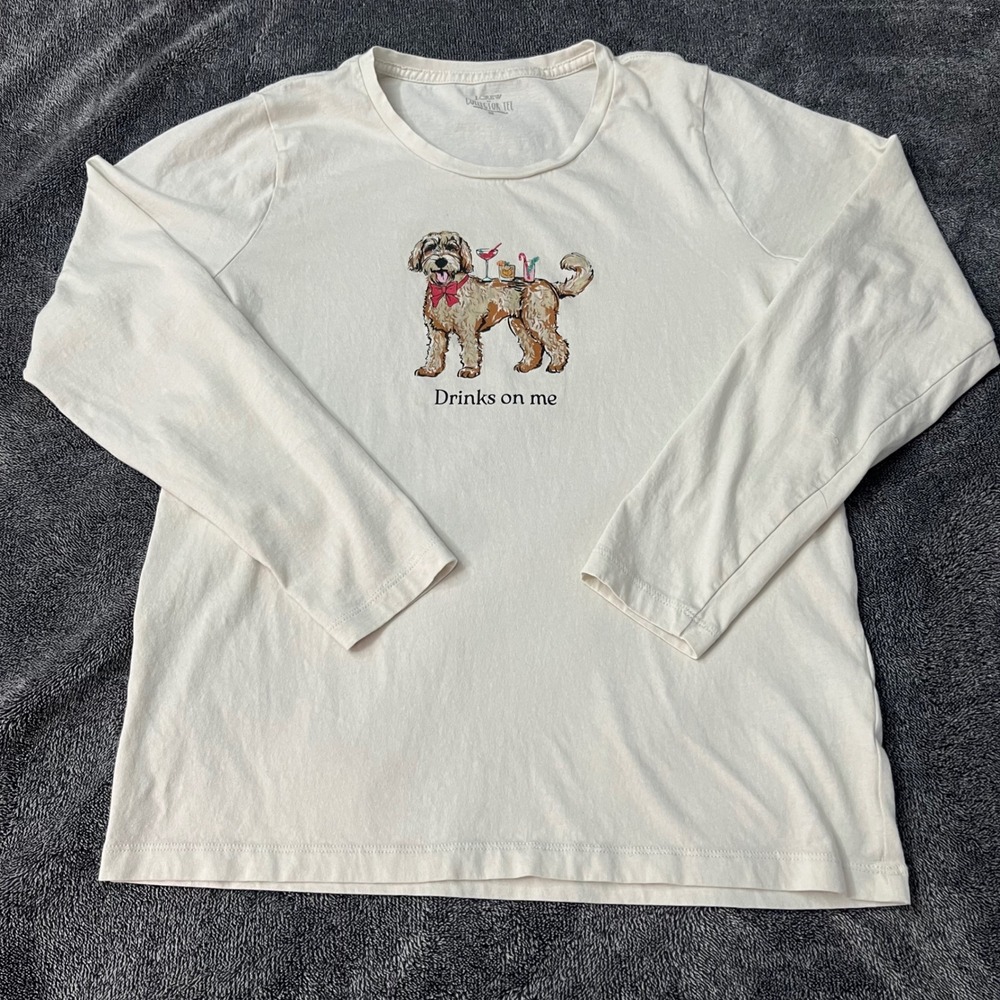 JCrew Collector Tee Cream Long Sleeve Drinks On Me Dog Graphic Tee Festive Med